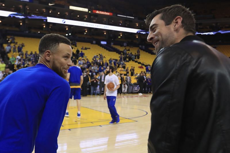 Stephen Curry and Aaron Rodgers, who was present at the 2017 NBA Finals.