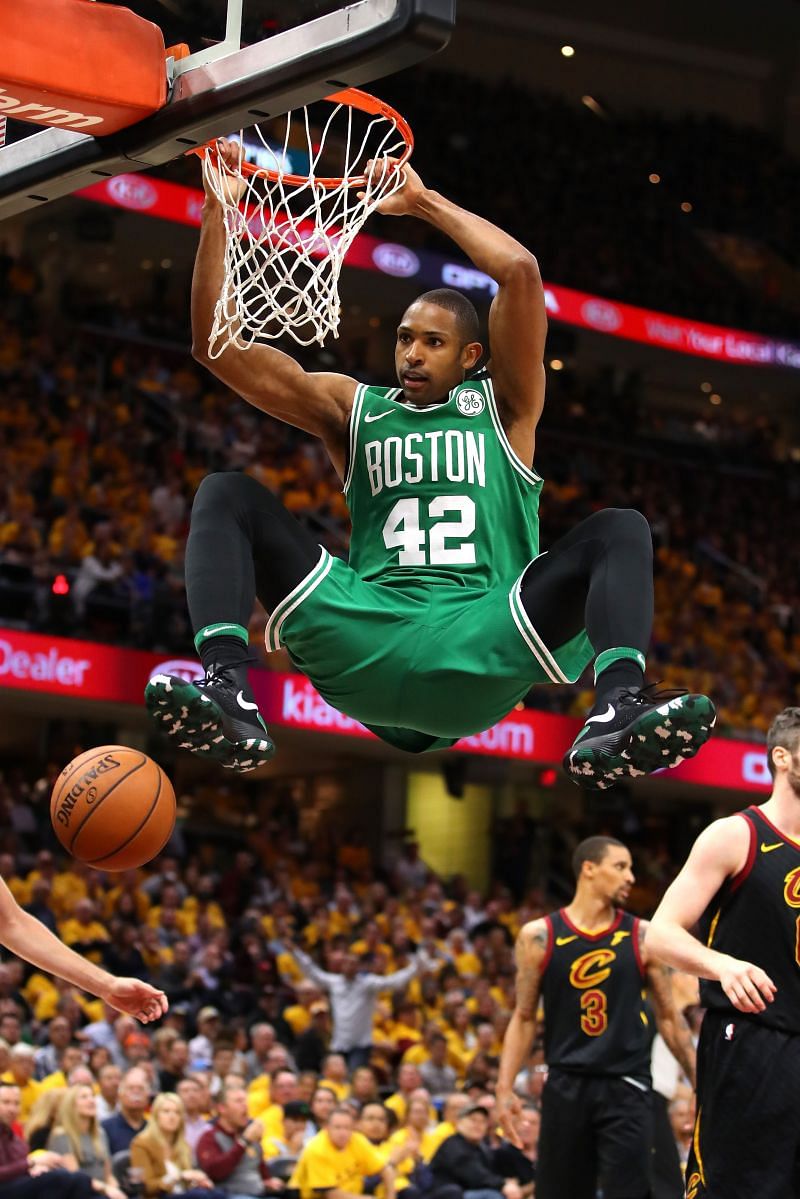 Al Horford slamming the ball against the Cleveland Cavaliers.
