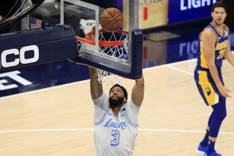 Anthony Davis #3 of the Los Angeles Lakers dunks the ball in the game against the Indiana Pacers during the third quarter at Bankers Life Fieldhouse on May 15, 2021 in Indianapolis, Indiana.