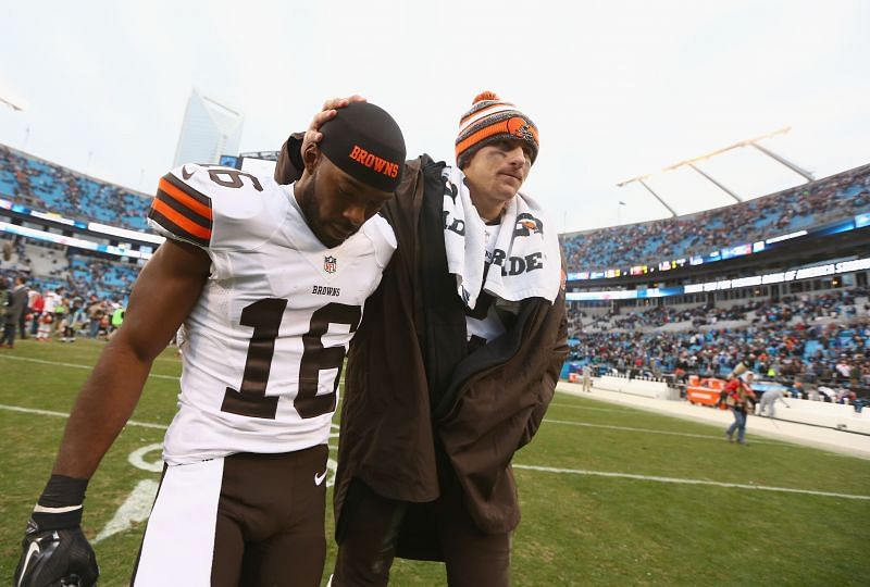 Andrew Hawkins #16 of the Cleveland Browns leave the field after a 17-13 loss to the Carolina Panthers