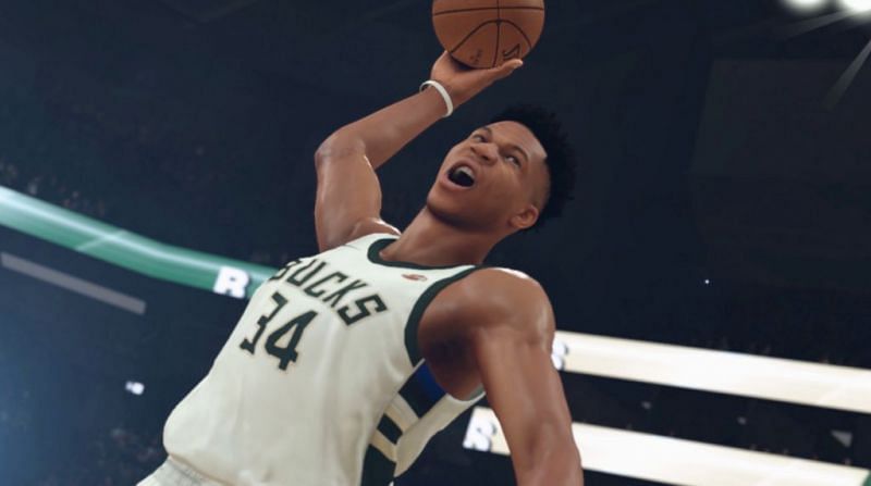 Giannis Antetokounmpo goes up for a dunk in NBA 2K [Source: NBA 2KW]