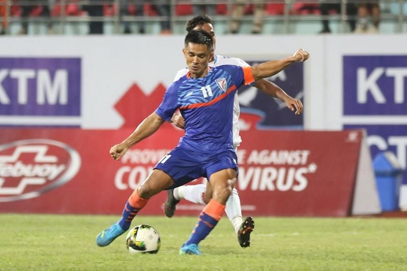 Indian captain Sunil Chhetri in action against Nepal