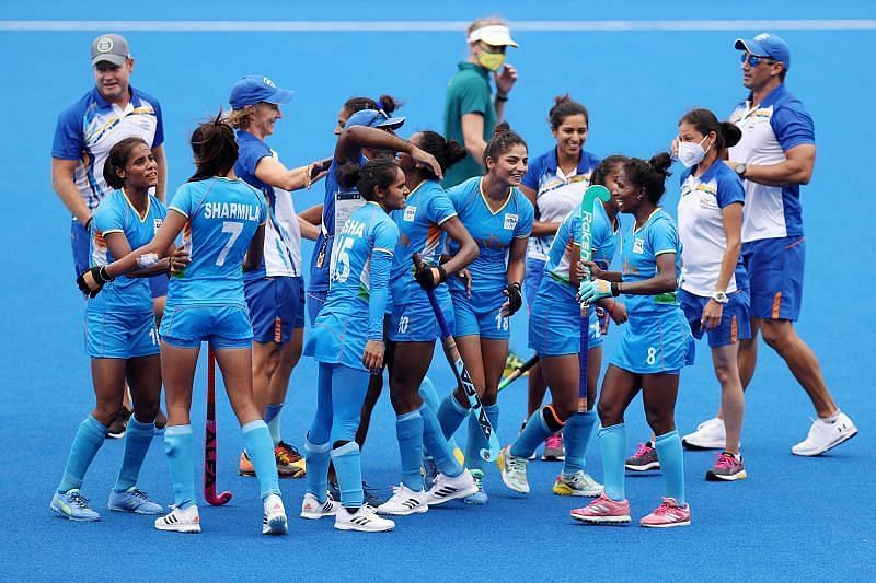 The Indian women&#039;s hockey team celebrating one of their wins at the 2021 Tokyo Olympics