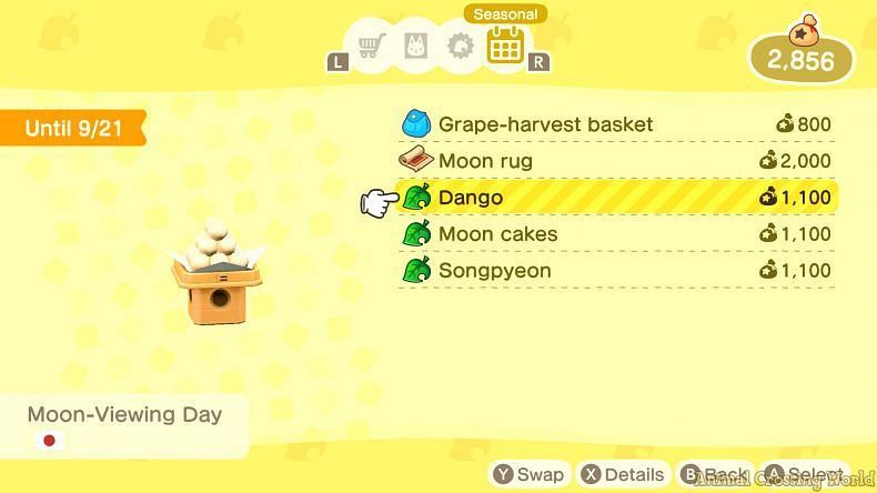 Dango, Moon cakes, and moon rug are limited-time items for the Moon Viewing Day (Image via Animal Crossing world)