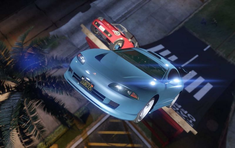 Stunt jumping in GTA 5 on a ramp (Image via Rockstar Games)