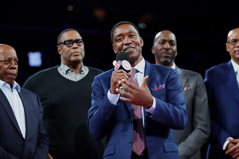 Former Detroit Piston Isiah Thomas talks to the crowd during a celebration of the 1989 and 1990 World Championship Detroit Pistons