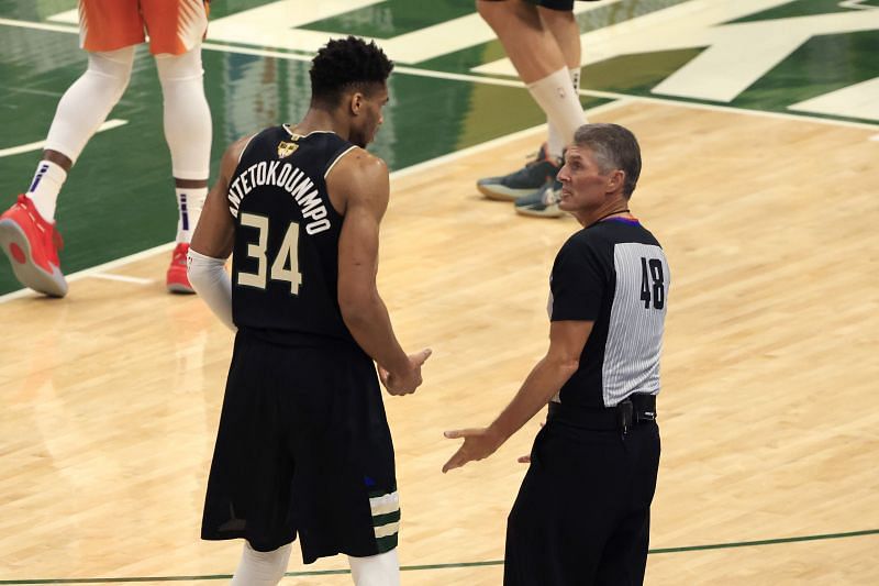 2021 NBA Finals MVP Giannis Antetokounmpo arguing with referee Scott Foster