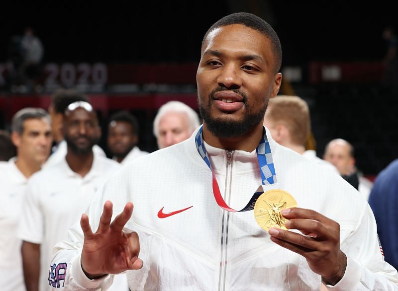 Damian Lillard of Team United States poses for photographs with his gold medal during the Men&#039;s Basketball medal ceremony on day fifteen of the Tokyo 2020 Olympic Games at Saitama Super Arena on August 07, 2021 in Saitama, Japan.