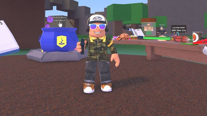 A player with the gun item in Wacky Wizardz (Image via Roblox Corporation)