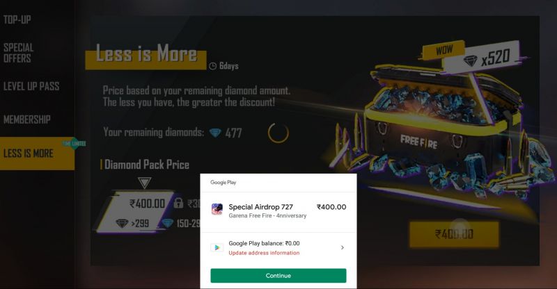 Players must make their payment through the method that they have added on Google Play Store (Image via Free Fire)
