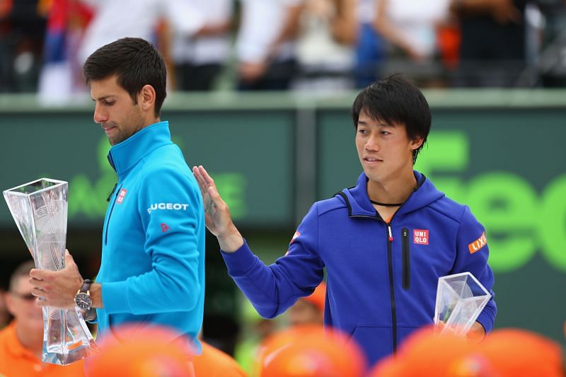 Novak Djokovic (L) and Kei Nishikori at the 2016 Miami Open