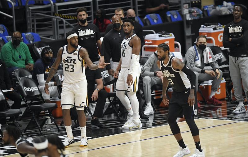 Donovan Mitchell (#45) of the Utah Jazz watches from the bench.