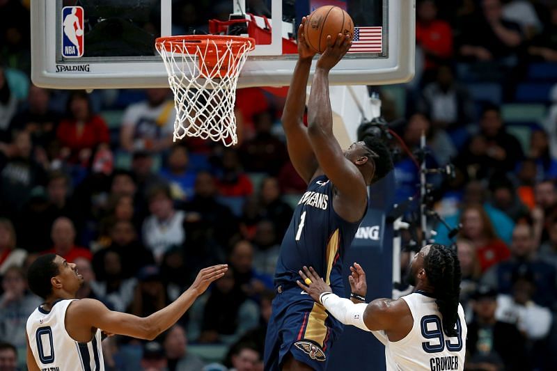 Zion Williamson #1 of the New Orleans Pelicans shoots over Jae Crowder #99 of the Memphis Grizzliesmduring a NBA game at Smoothie King Center on January 31, 2020 in New Orleans, Louisiana.