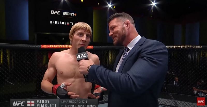 Paddy Pimblett was interviewed by Michael Bisping after the former&#039;s debut win (Image courtesy: UFC)