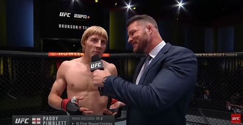 Paddy Pimblett was interviewed by Michael Bisping after the former's debut win (Image courtesy: UFC)