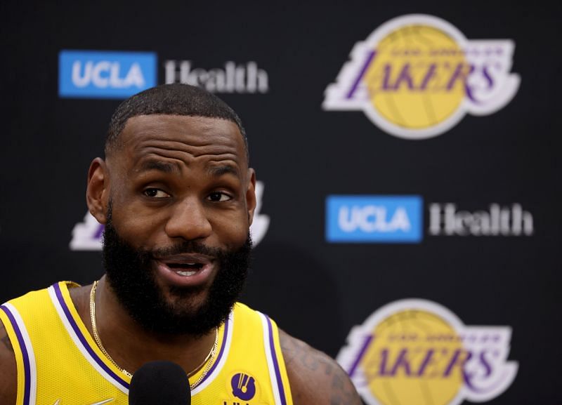 LeBron James #6 of the Los Angeles Lakers smiles as he answers questions during Los Angeles Lakers media day at UCLA Health Training Center on September 28, 2021 in El Segundo, California.