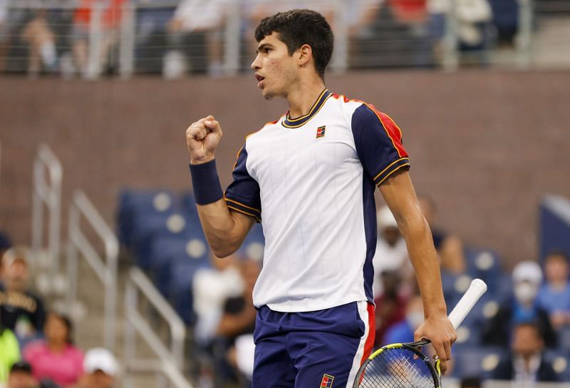 Carlos Alcaraz celebrates winning a point at the 2021 US Open