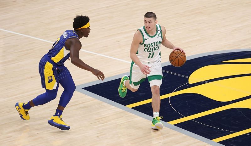 Payton Pritchard playing against the Indiana Pacers