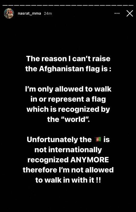 Nasrat Haqparast's Instagram story explaining the reason for not carrying the flag at UFC 266.