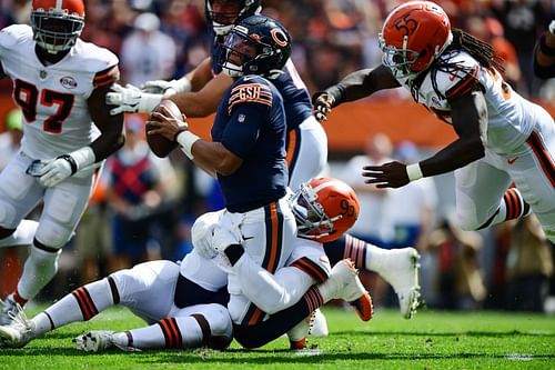 Chicago Bears quarterback Justin Fields got sacked nine times against the Browns.