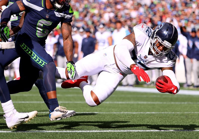 Derrick Henry of the Tennessee Titans scores a touchdown against the Seattle Seahawks