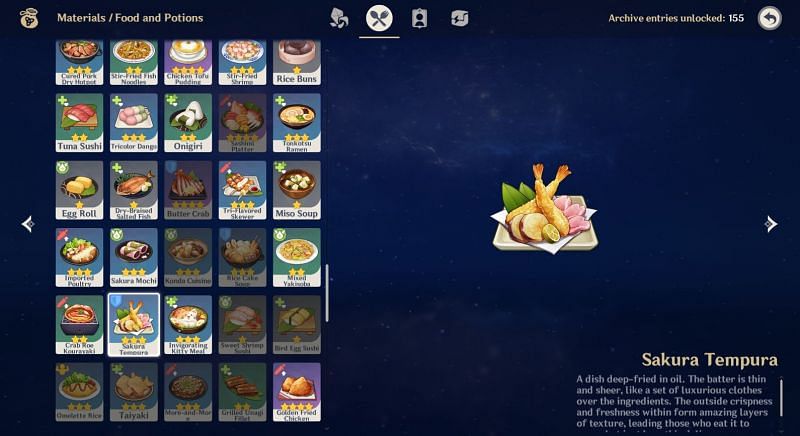 Sakura Tempura description in Archive (Image via Genshin Impact)