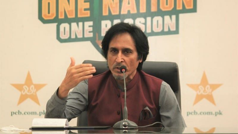 PCB chairman Ramiz Raja addresses players and fans after the cancellation of the NZ series on Saturday