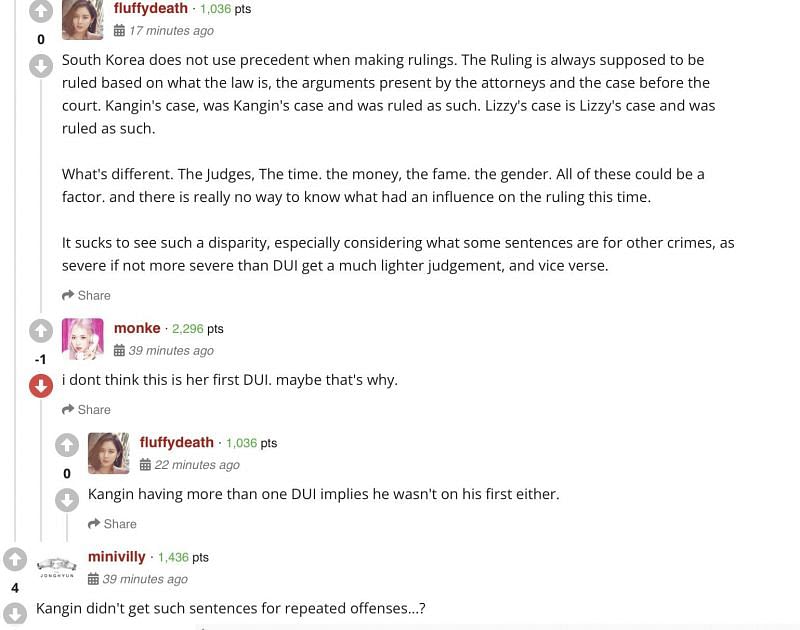 A screenshot of reaction from netizens about Lizzy&rsquo;s prison sentence (Image via allkpop)