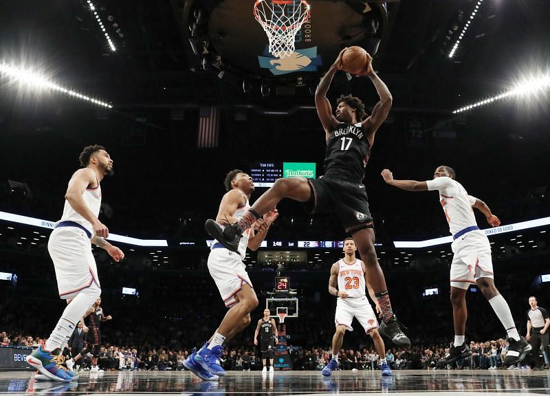 Ed Davis securing a rebound for the Brooklyn Nets