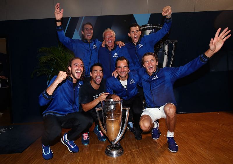 Team Europe pose with the trophy after winning the Laver Cup in September, 2019 in Geneva, Switzerland.