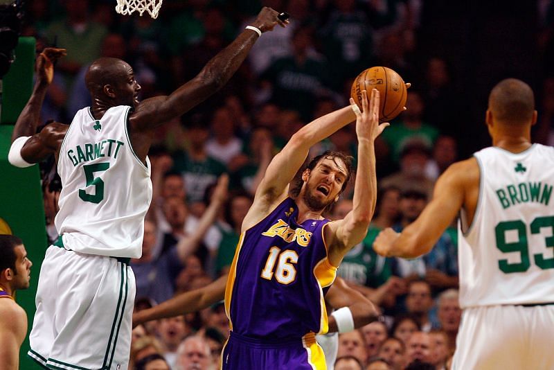 The Boston Celtics and Los Angeles Lakers in one of their many NBA Finals meetings.