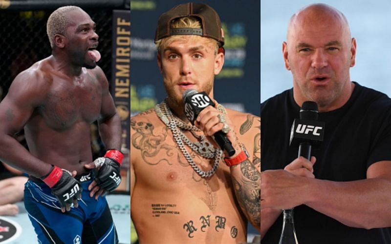 Derek Brunson (left); Jake Paul (center); Dana White (right)