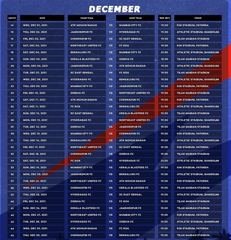 ISL Fixtures in December