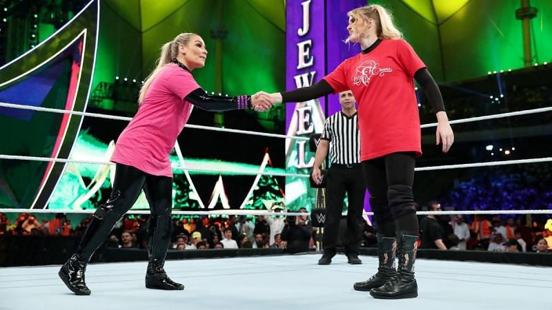 Natalya and Lacey Evans share a handshake before their match at WWE Crown Jewel 2019 in Saudi Arabia