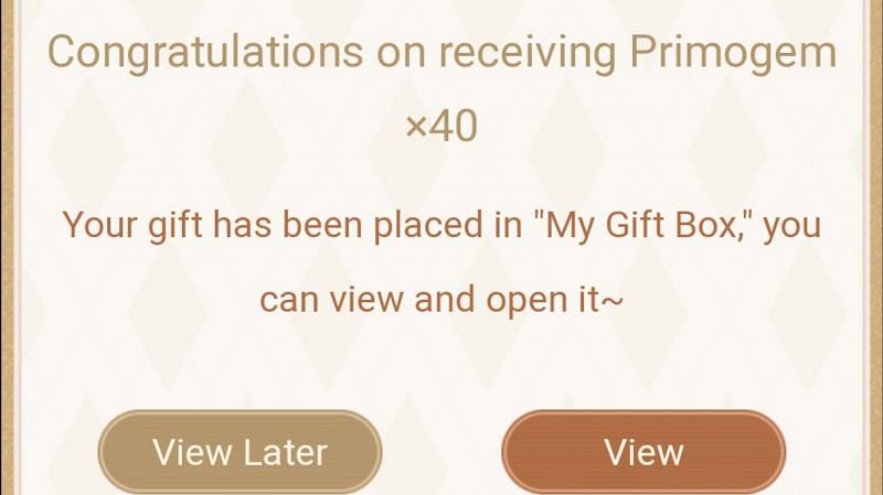 A pop-up appears when players get the 40 Primogems gift (Image via miHoYo)