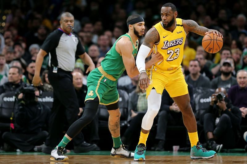 Jayson Tatum #0 of the Boston Celtics defends LeBron James #23 of the Los Angeles Lakers at TD Garden on January 20, 2020 in Boston, Massachusetts. The Celtics defeat the Lakers 139-107.