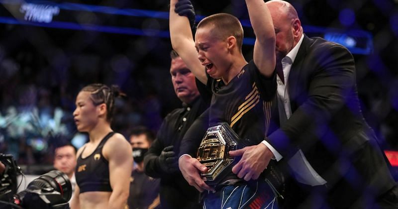 Zhang Weili (left) looks on as Rose Namajunas (right) is crowned the new strawweight champion at UFC 261 in Florida during April 2021
