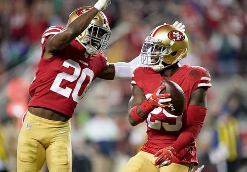 Jimmie Ward and Jaquiski Tartt of the San Francisco 49ers