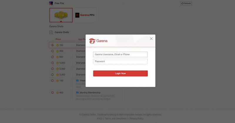 Garena username and password required for loggin in (Image via Garena Topup Center)