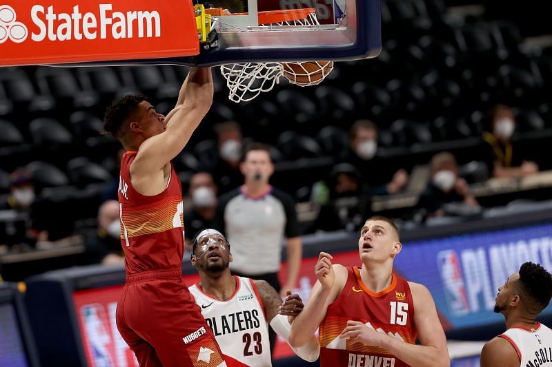 Michael Porter Jr. (#1) of the Denver Nuggets dunks the ball against the Portland Trail Blazers