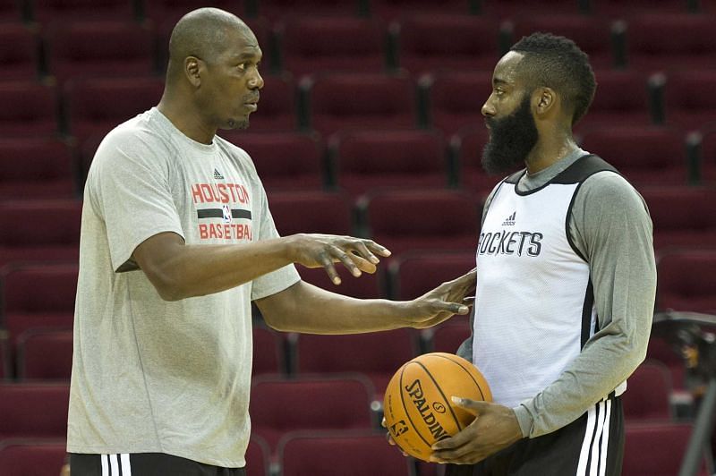 Hakeem Olajuwon (left) with James Harden [Source: San Antonio Express News]