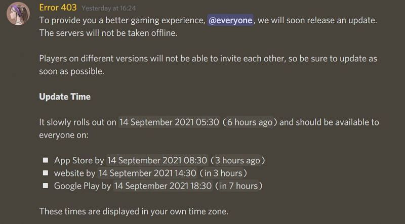 PUBG Mobile 1.6 will be available to all users by 6:30 pm IST (Image via Discord)