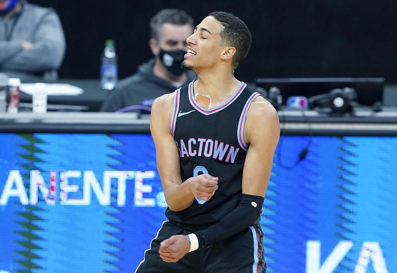 Tyrese Haliburton celeberates a three-pointer against the Knicks