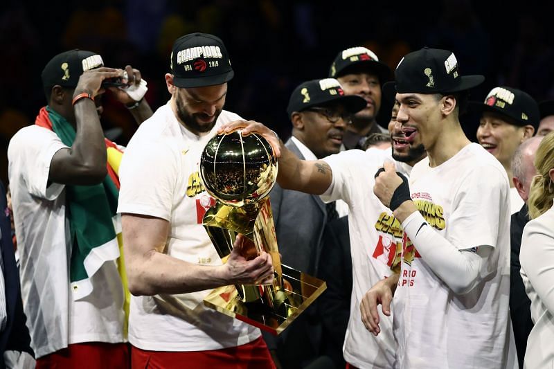 Marc Gasol #33 of the Toronto Raptors celebrates with the Larry O&#039;Brien Championship Trophy.