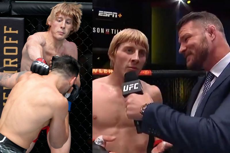 Paddy &#039;The Baddy&#039; Pimblett speaks with Michael Bisping at the UFC Vegas 36 post-fight interview [Right image credits: @UFCEurope via Twitter]