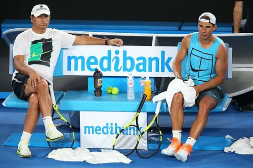 Toni Nadal (L) and Rafael Nadal ahead of the 2017 Australian Open