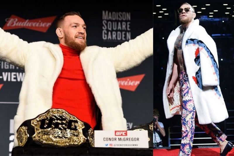 Conor McGregor flaunting Gucci mink fur coats at UFC 205 (Left) and Floyd Mayweather press conference (Right) [Image credits: @thenotoriousmma via Instagram]