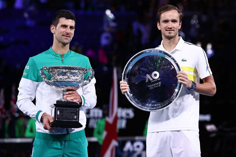 Novak Djokovic (L) and Daniil Medvedev at the 2021 Australian Open