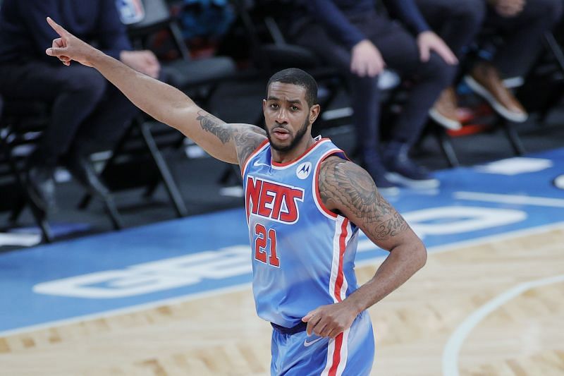 LaMarcus Aldridge #21 of the Brooklyn Nets reacts during the first half against the Charlotte Hornets at Barclays Center on April 01, 2021 in the Brooklyn borough of New York City.