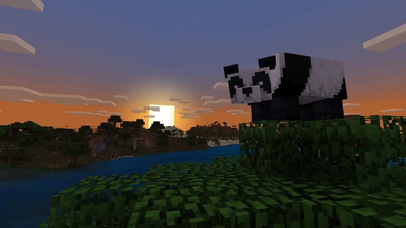 An aggressive Minecraft panda stands on the top of a tree (Image via Minecraft)